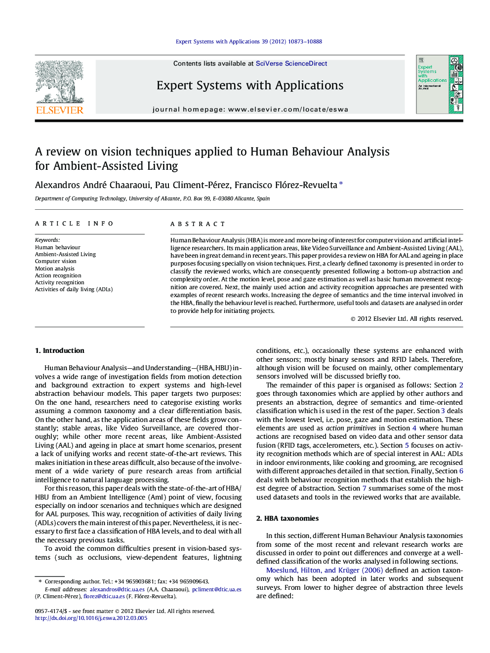 A review on vision techniques applied to Human Behaviour Analysis for Ambient-Assisted Living