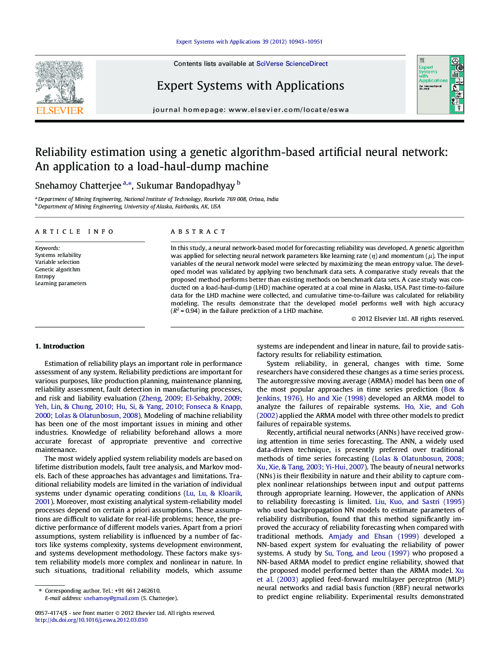 Reliability estimation using a genetic algorithm-based artificial neural network: An application to a load-haul-dump machine