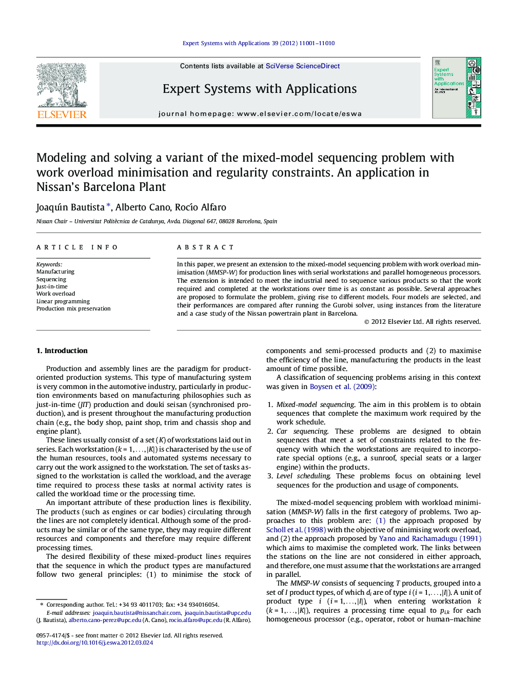 Modeling and solving a variant of the mixed-model sequencing problem with work overload minimisation and regularity constraints. An application in Nissan’s Barcelona Plant