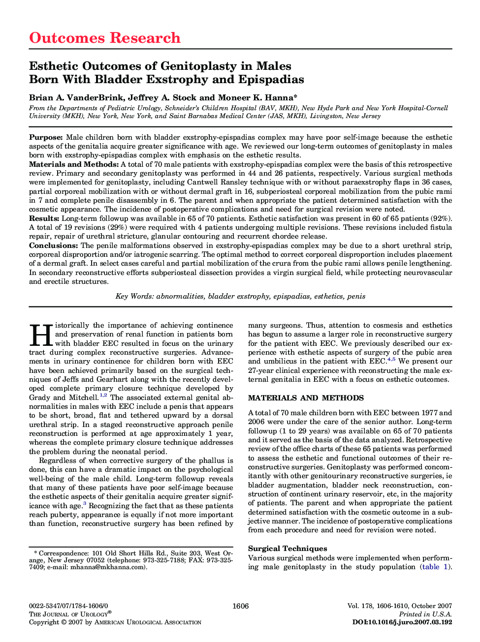 Esthetic Outcomes of Genitoplasty in Males Born With Bladder Exstrophy and Epispadias