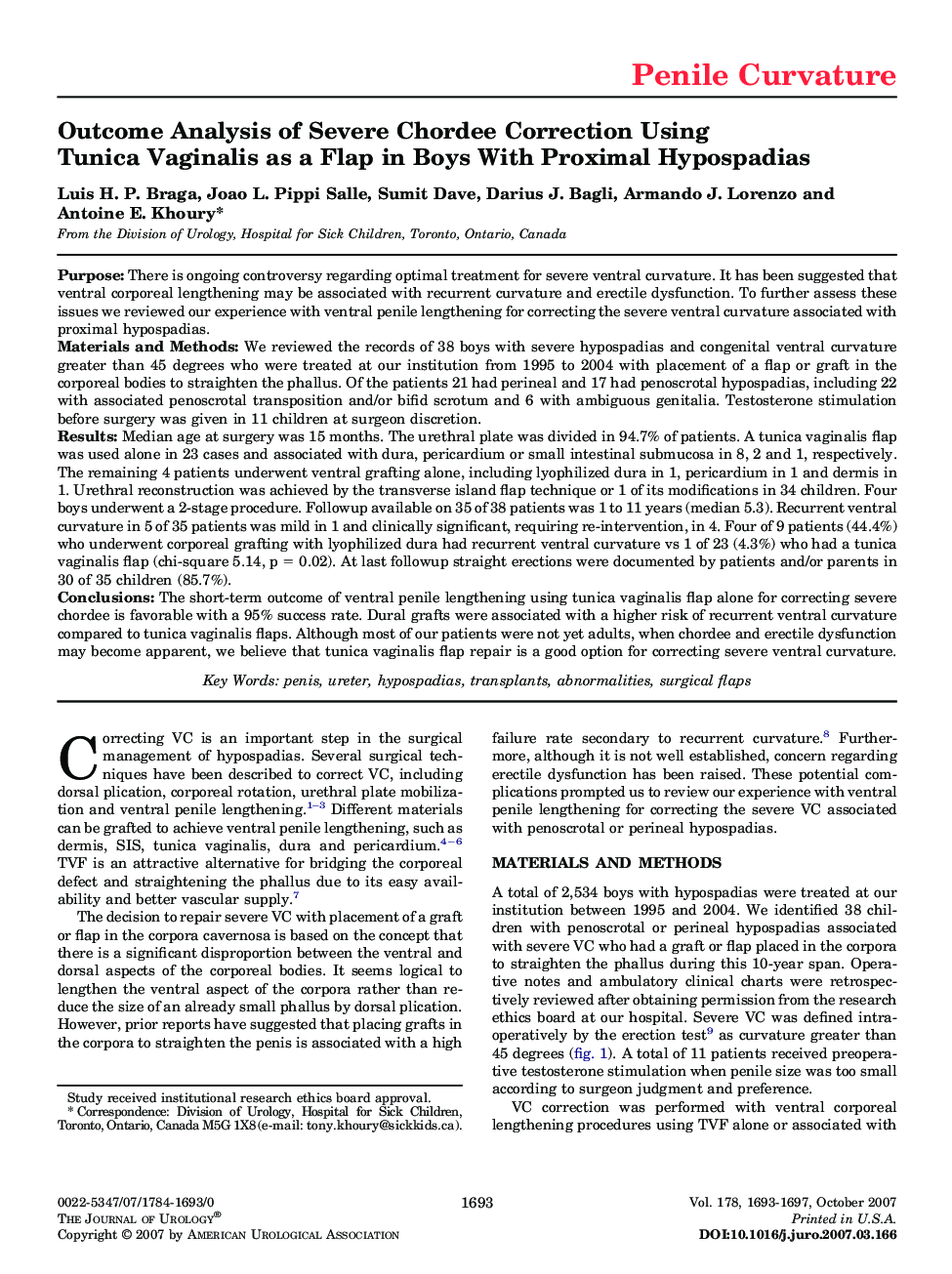 Outcome Analysis of Severe Chordee Correction Using Tunica Vaginalis as a Flap in Boys With Proximal Hypospadias 