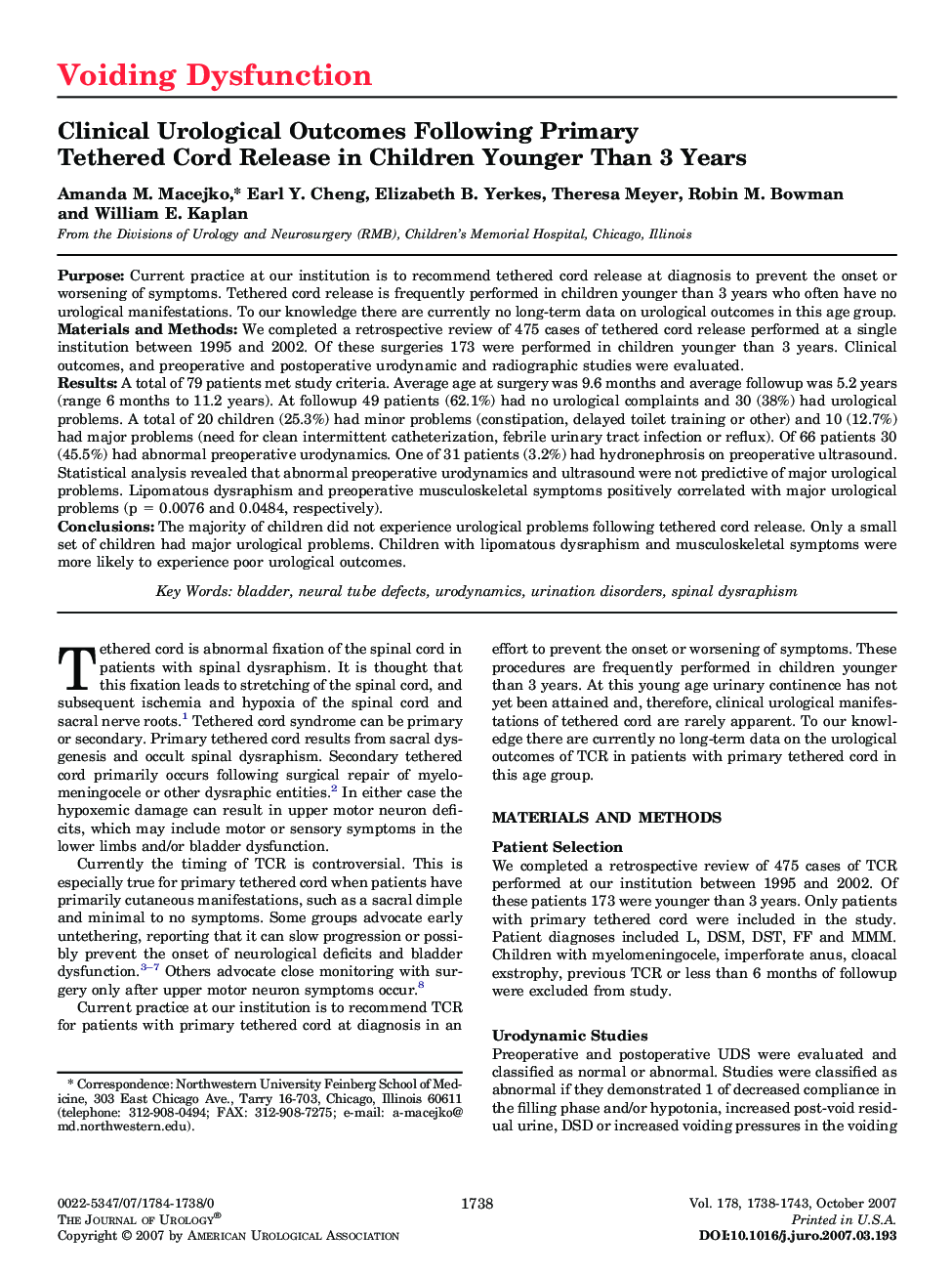 Clinical Urological Outcomes Following Primary Tethered Cord Release in Children Younger Than 3 Years