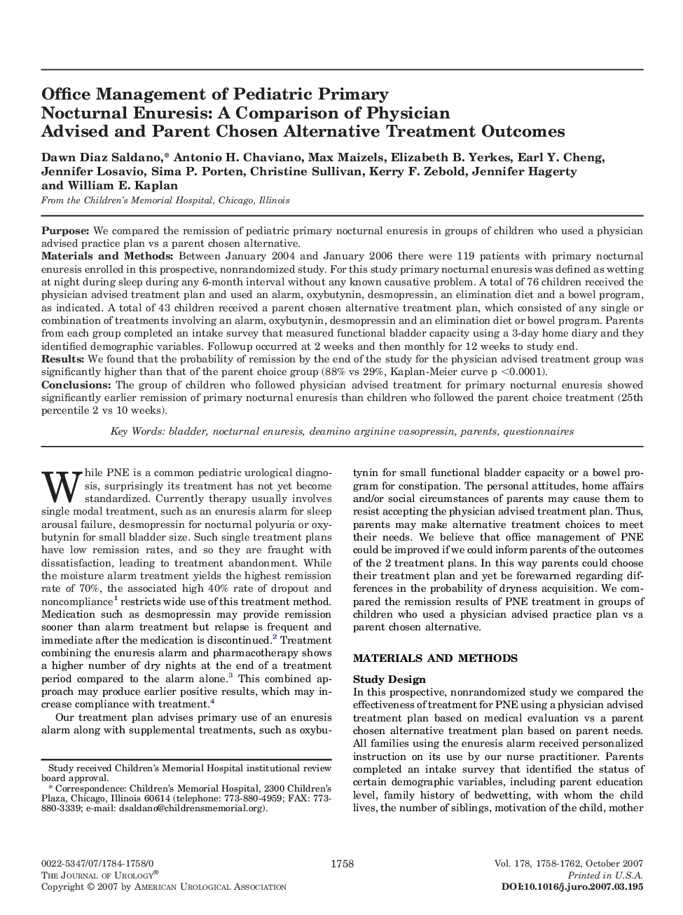 Office Management of Pediatric Primary Nocturnal Enuresis: A Comparison of Physician Advised and Parent Chosen Alternative Treatment Outcomes