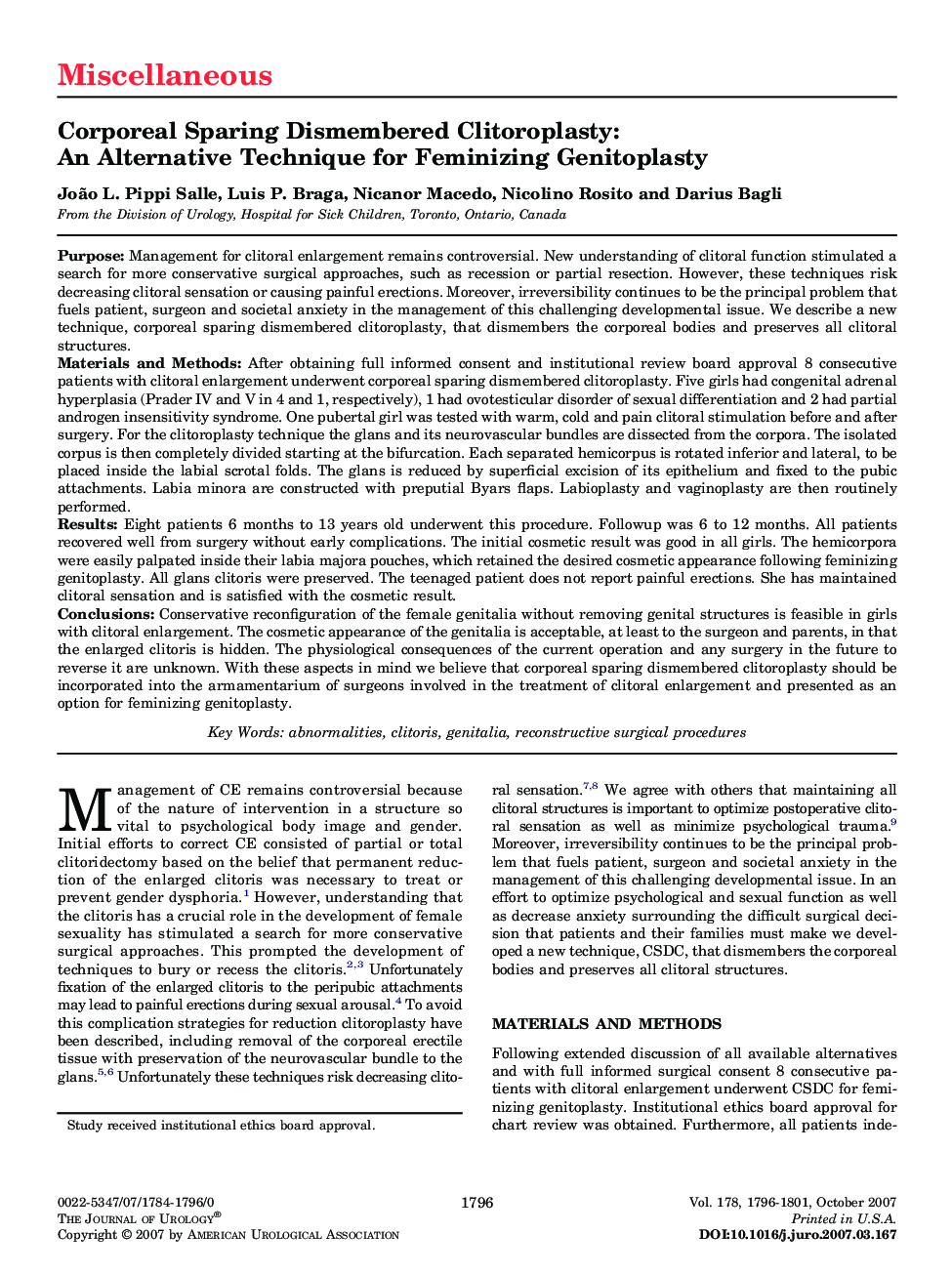 Corporeal Sparing Dismembered Clitoroplasty: An Alternative Technique for Feminizing Genitoplasty 