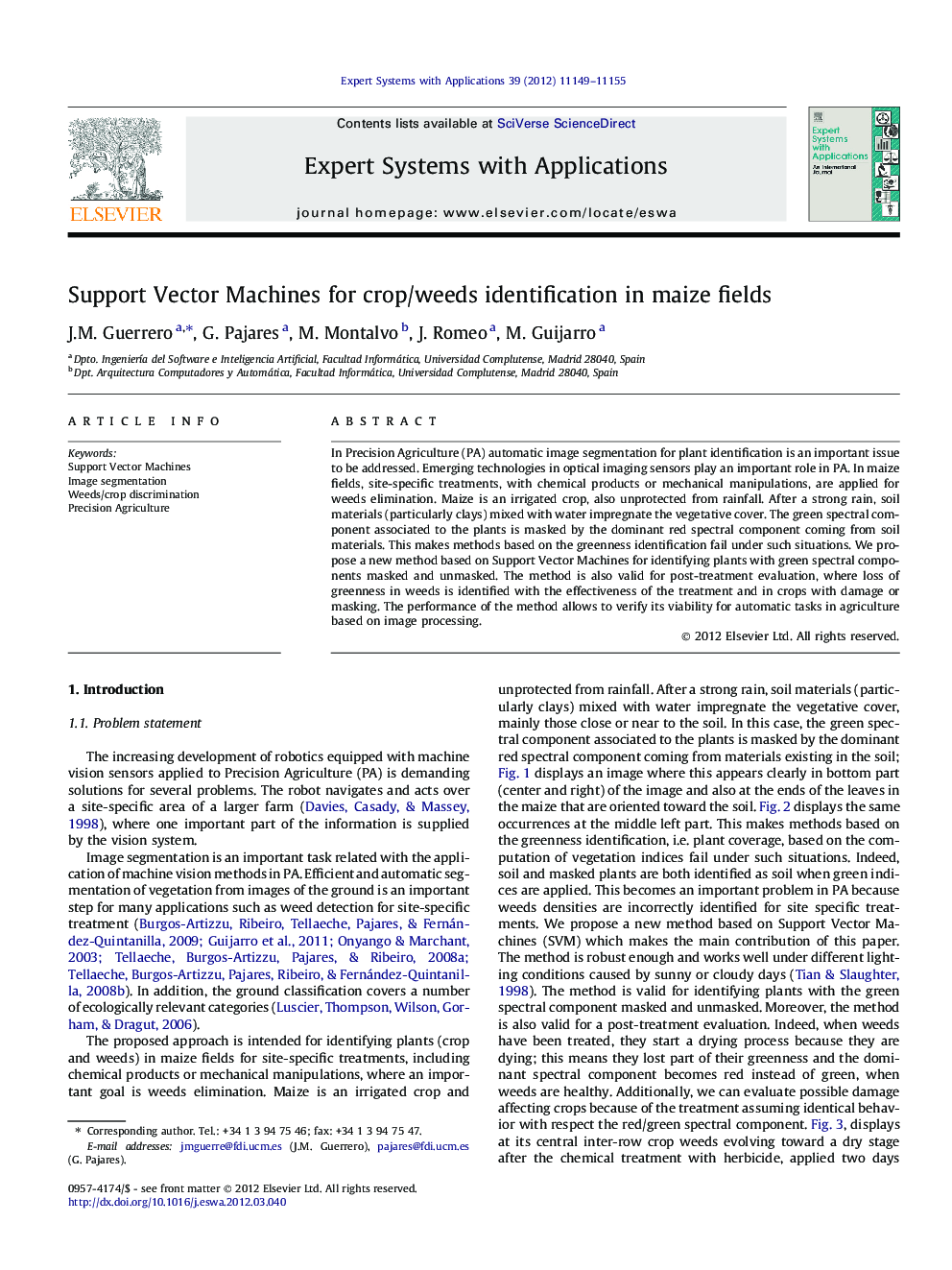 Support Vector Machines for crop/weeds identification in maize fields