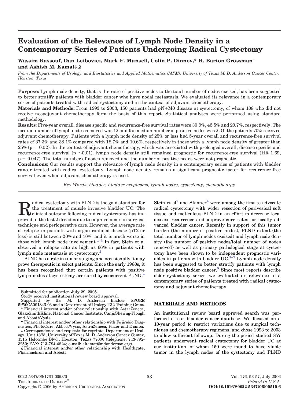 Evaluation of the Relevance of Lymph Node Density in a Contemporary Series of Patients Undergoing Radical Cystectomy 