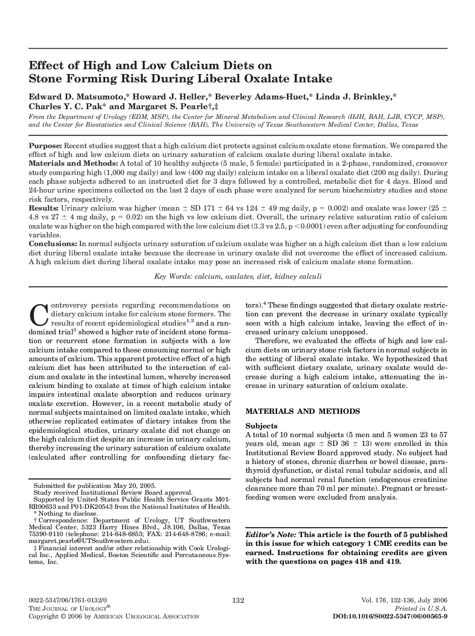 Effect of High and Low Calcium Diets on Stone Forming Risk During Liberal Oxalate Intake