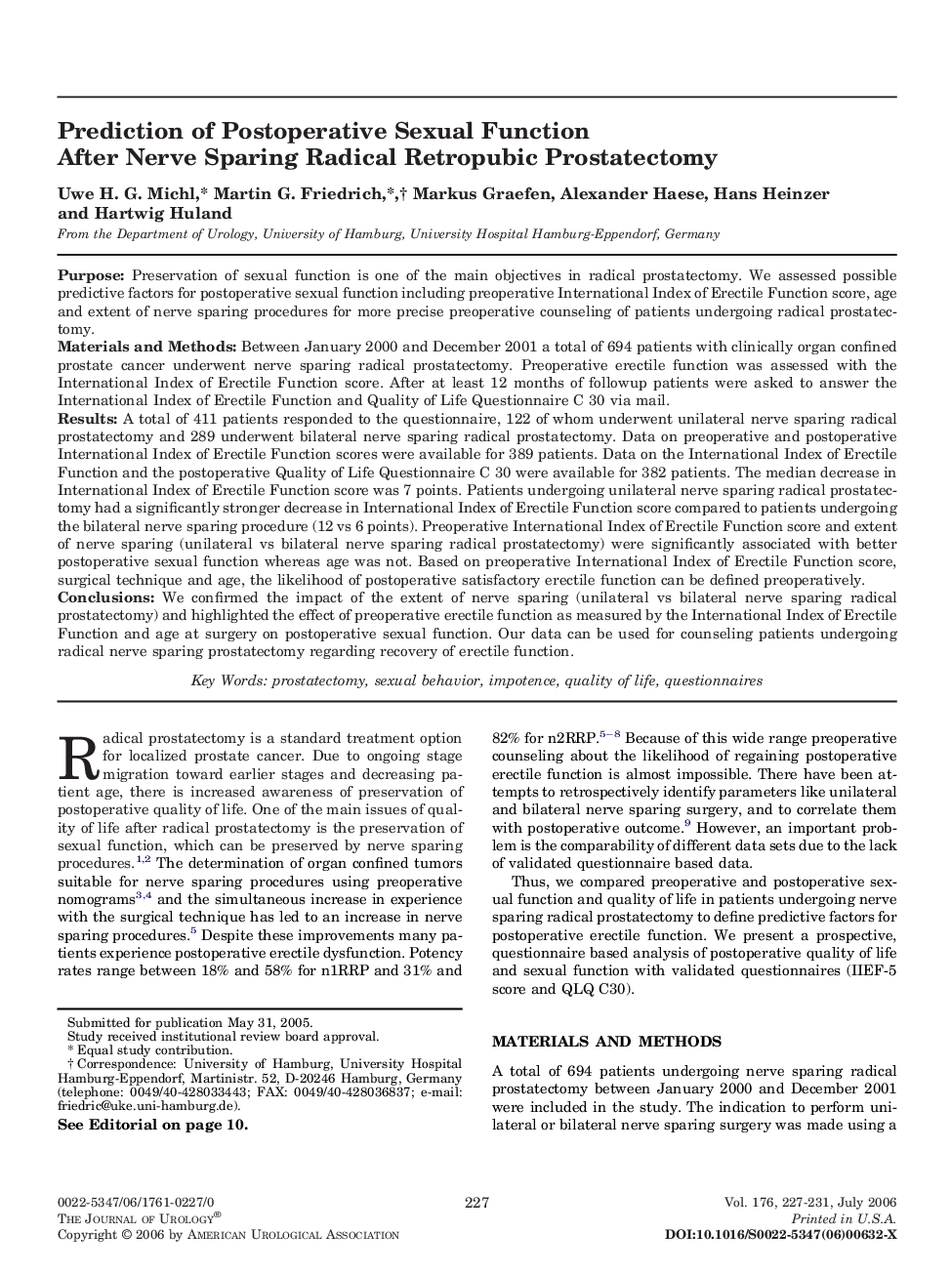 Prediction of Postoperative Sexual Function After Nerve Sparing Radical Retropubic Prostatectomy