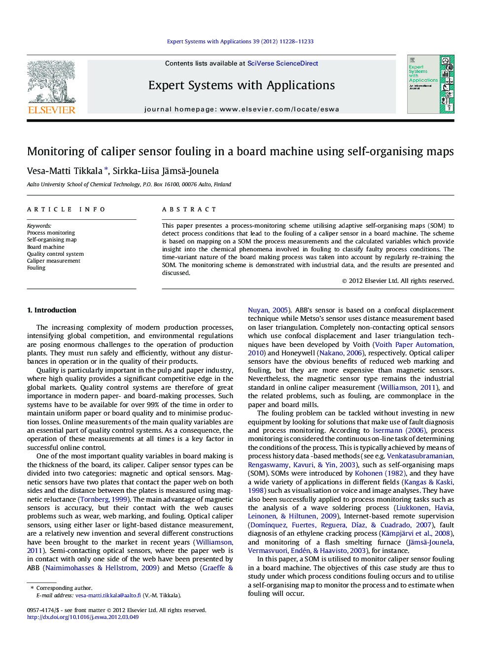 Monitoring of caliper sensor fouling in a board machine using self-organising maps