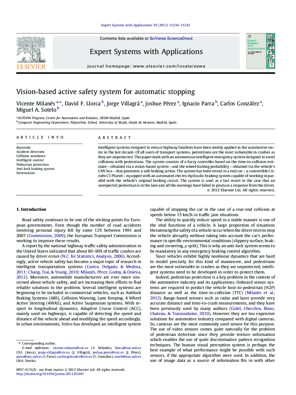 Vision-based active safety system for automatic stopping