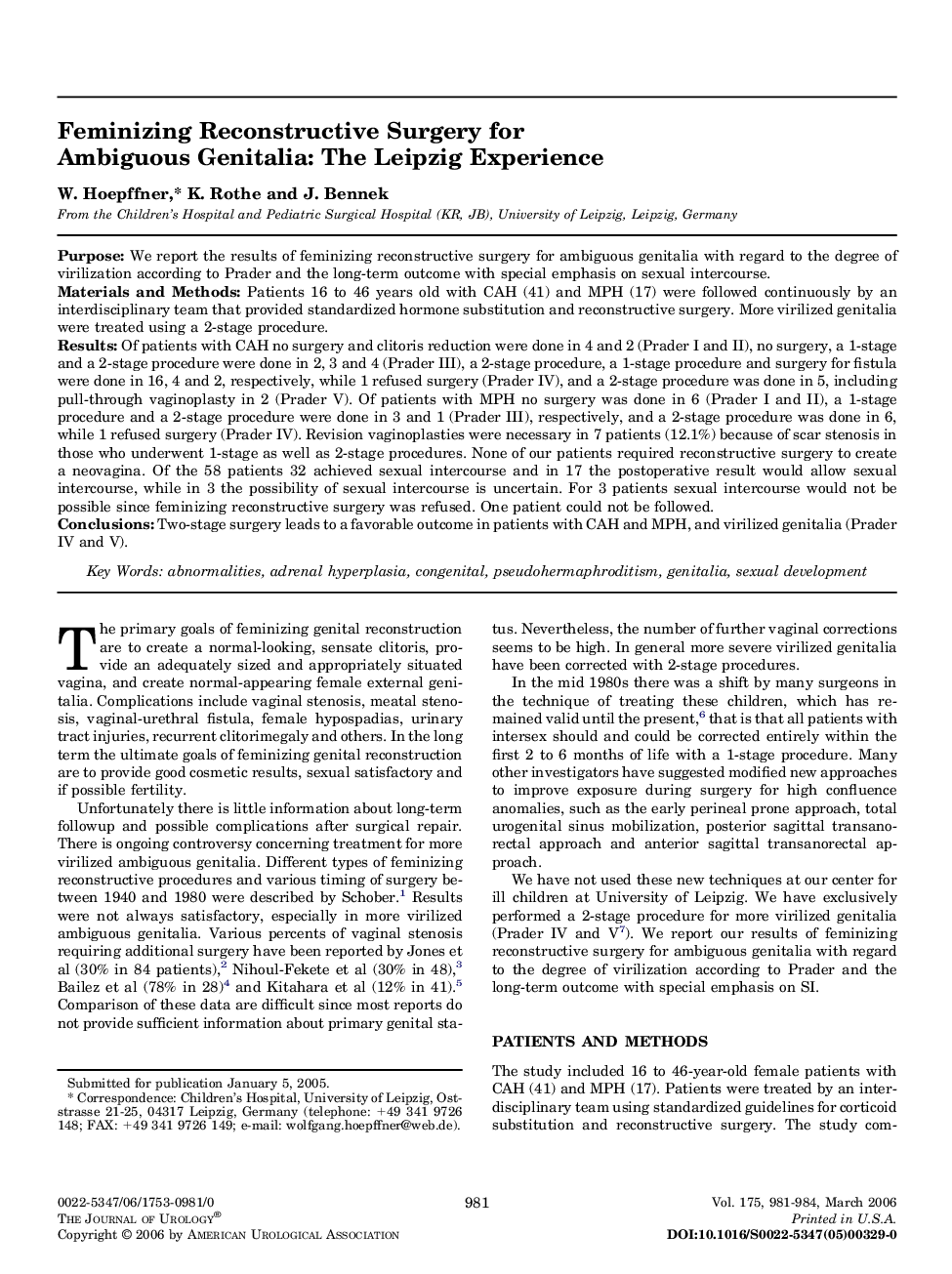 Feminizing Reconstructive Surgery for Ambiguous Genitalia: The Leipzig Experience