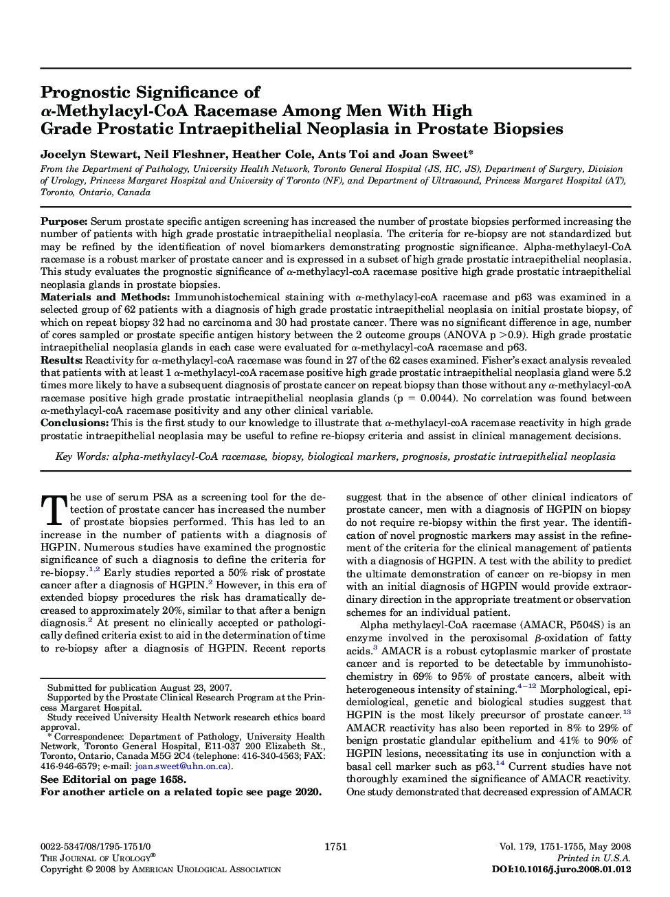 Prognostic Significance of α-Methylacyl-CoA Racemase Among Men With High Grade Prostatic Intraepithelial Neoplasia in Prostate Biopsies 