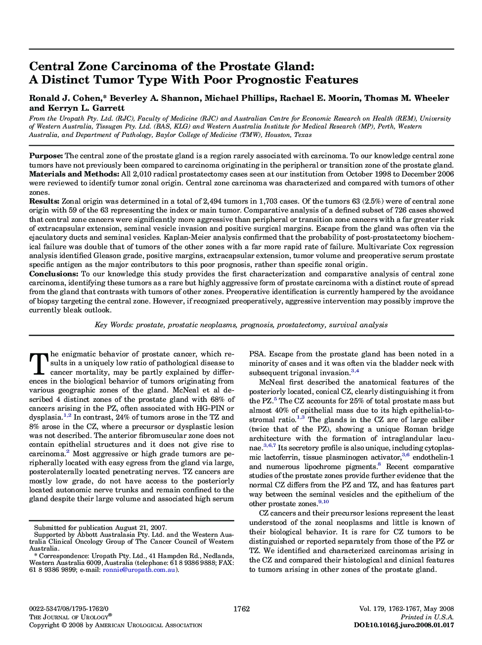 Central Zone Carcinoma of the Prostate Gland: A Distinct Tumor Type With Poor Prognostic Features 