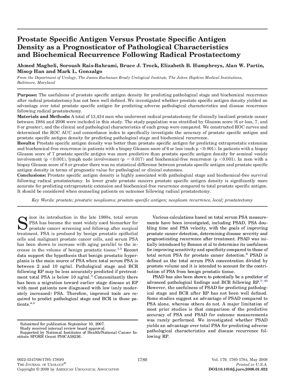 Prostate Specific Antigen Versus Prostate Specific Antigen Density as a Prognosticator of Pathological Characteristics and Biochemical Recurrence Following Radical Prostatectomy