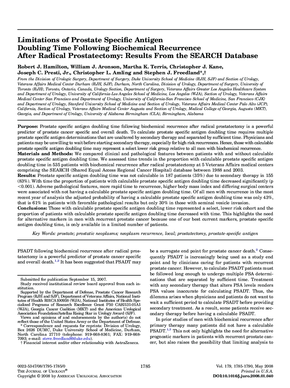 Limitations of Prostate Specific Antigen Doubling Time Following Biochemical Recurrence After Radical Prostatectomy: Results From the SEARCH Database