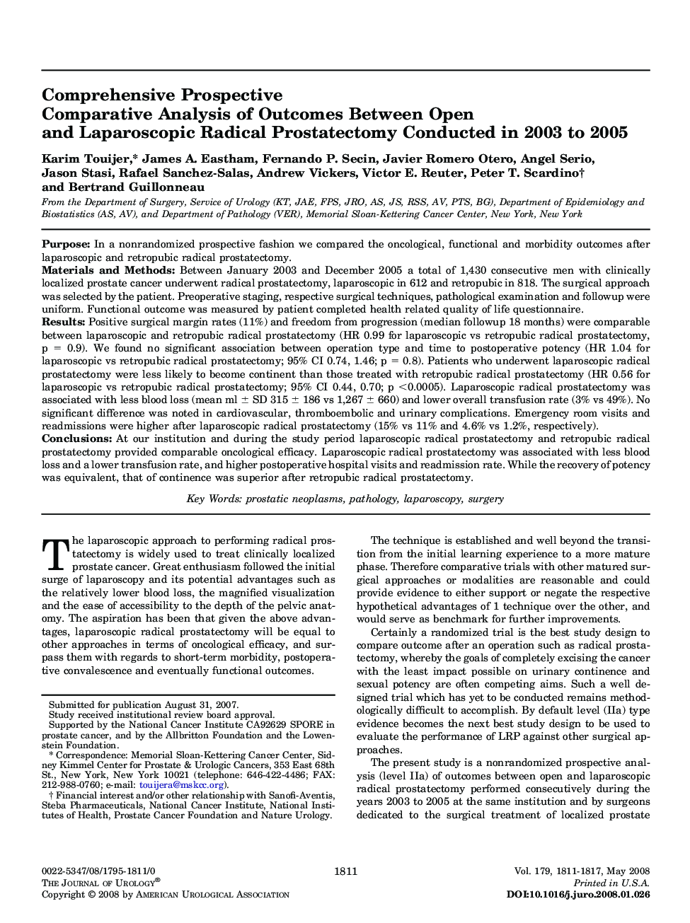 Comprehensive Prospective Comparative Analysis of Outcomes Between Open and Laparoscopic Radical Prostatectomy Conducted in 2003 to 2005 