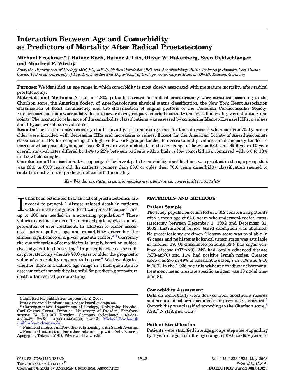 Interaction Between Age and Comorbidity as Predictors of Mortality After Radical Prostatectomy 