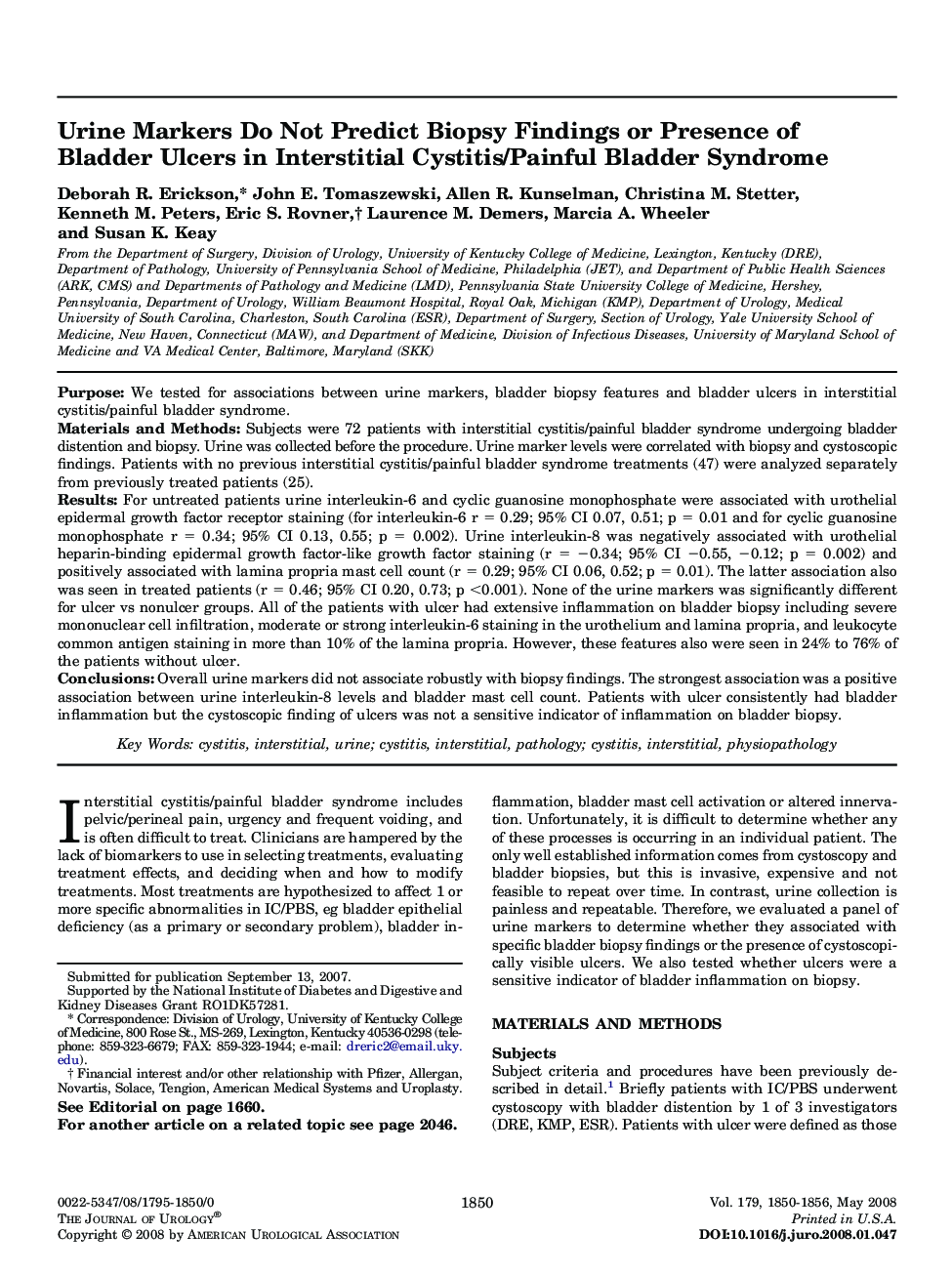 Urine Markers Do Not Predict Biopsy Findings or Presence of Bladder Ulcers in Interstitial Cystitis/Painful Bladder Syndrome 