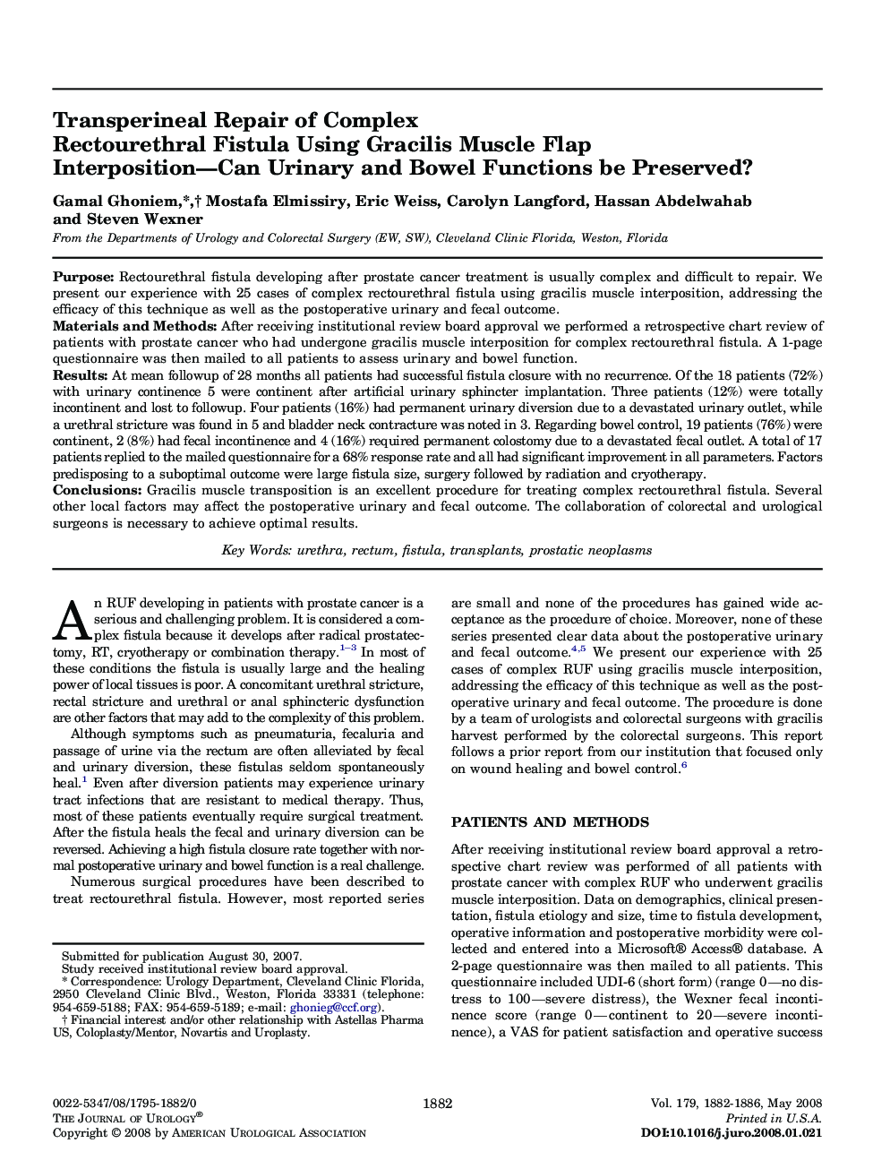 Transperineal Repair of Complex Rectourethral Fistula Using Gracilis Muscle Flap Interposition—Can Urinary and Bowel Functions be Preserved? 