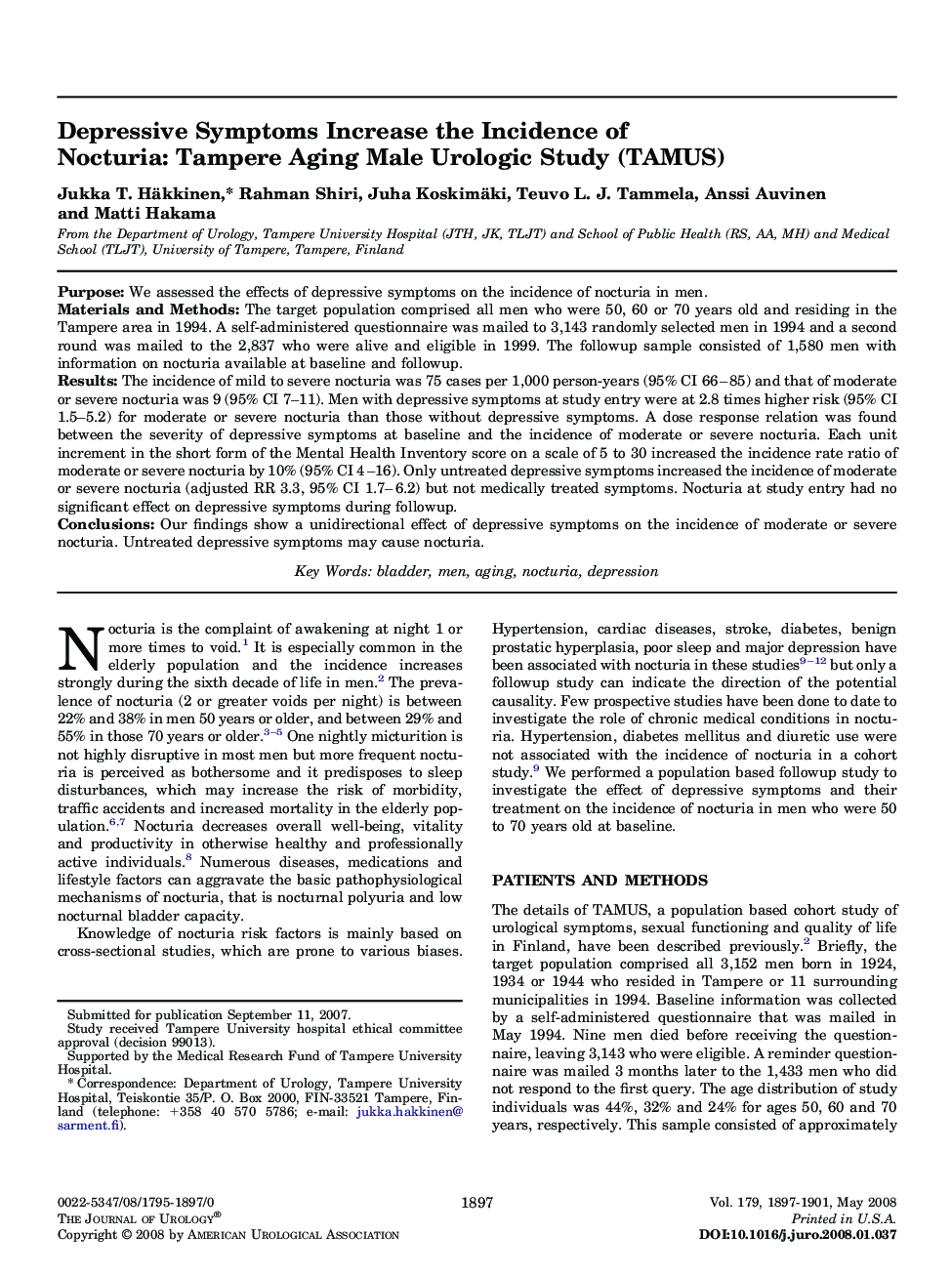 Depressive Symptoms Increase the Incidence of Nocturia: Tampere Aging Male Urologic Study (TAMUS) 