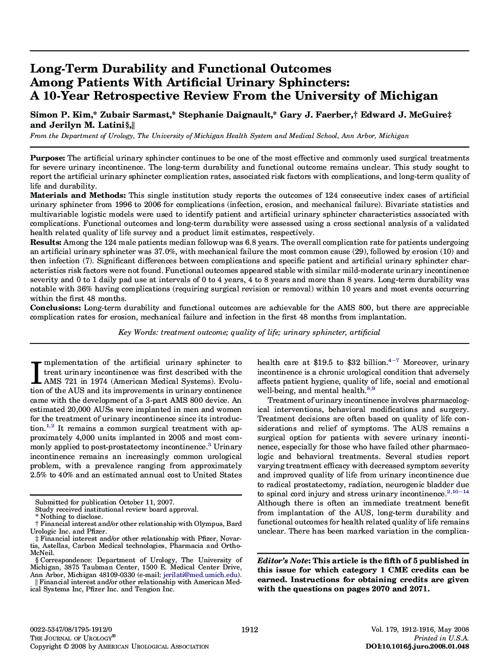 Long-Term Durability and Functional Outcomes Among Patients With Artificial Urinary Sphincters: A 10-Year Retrospective Review From the University of Michigan 