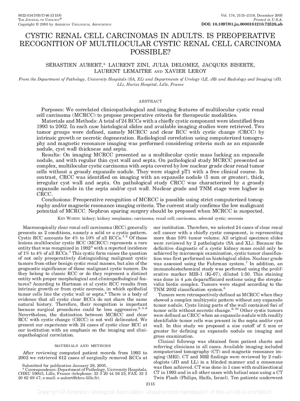 CYSTIC RENAL CELL CARCINOMAS IN ADULTS. IS PREOPERATIVE RECOGNITION OF MULTILOCULAR CYSTIC RENAL CELL CARCINOMA POSSIBLE? 