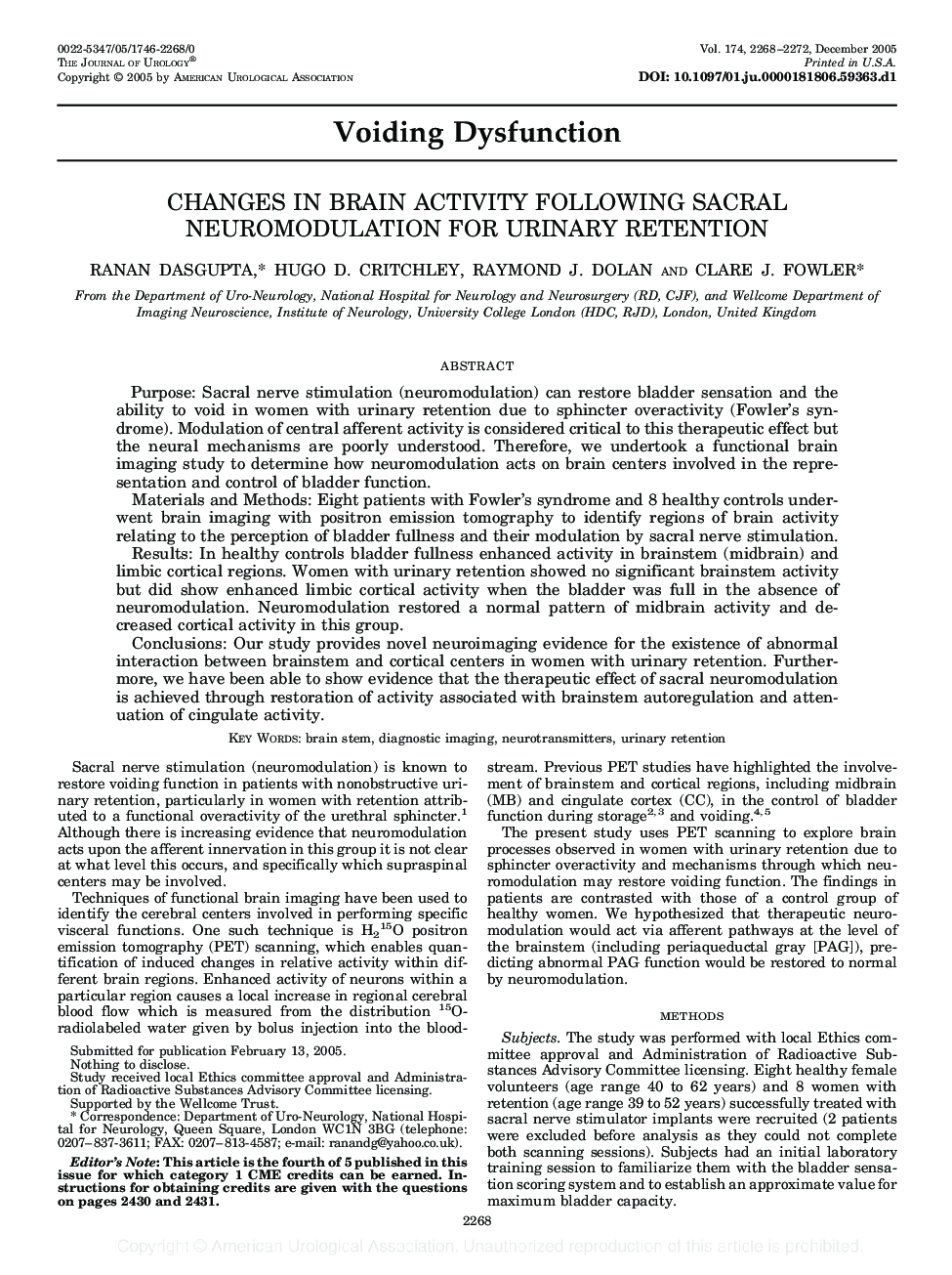 CHANGES IN BRAIN ACTIVITY FOLLOWING SACRAL NEUROMODULATION FOR URINARY RETENTION 
