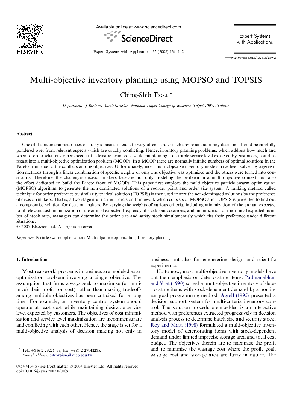 Multi-objective inventory planning using MOPSO and TOPSIS