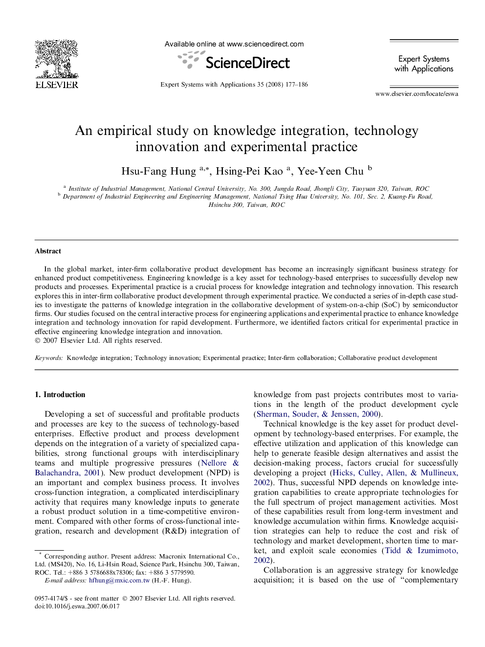 An empirical study on knowledge integration, technology innovation and experimental practice