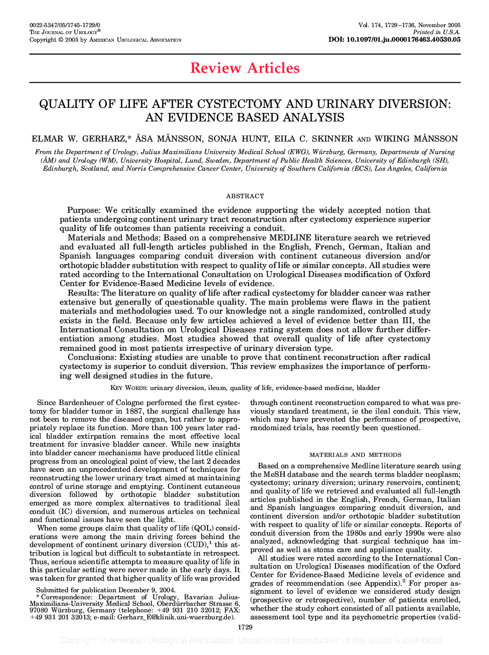 QUALITY OF LIFE AFTER CYSTECTOMY AND URINARY DIVERSION: AN EVIDENCE BASED ANALYSIS 