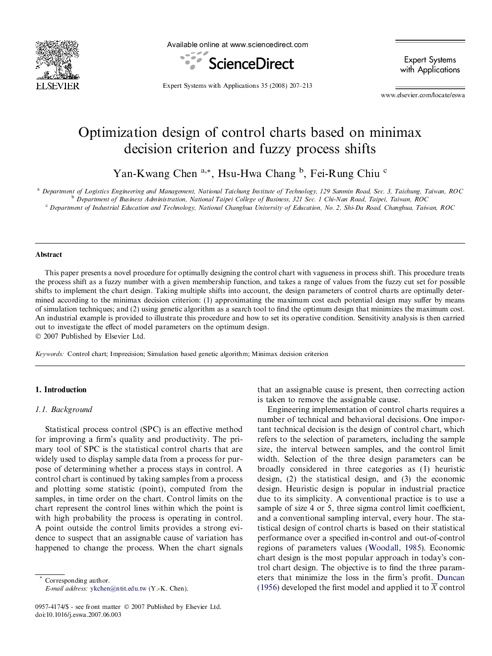 Optimization design of control charts based on minimax decision criterion and fuzzy process shifts