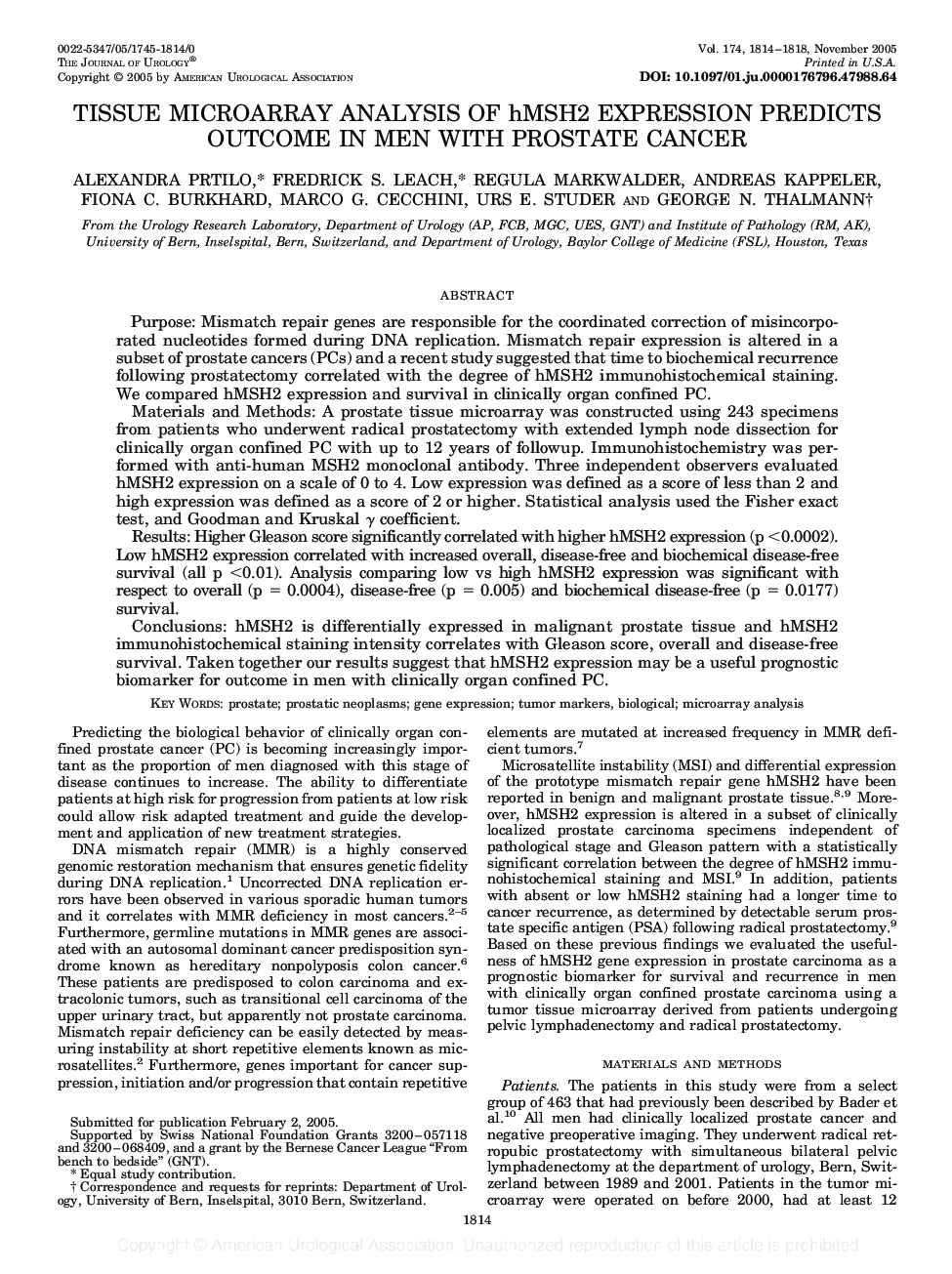 TISSUE MICROARRAY ANALYSIS OF hMSH2 EXPRESSION PREDICTS OUTCOME IN MEN WITH PROSTATE CANCER 