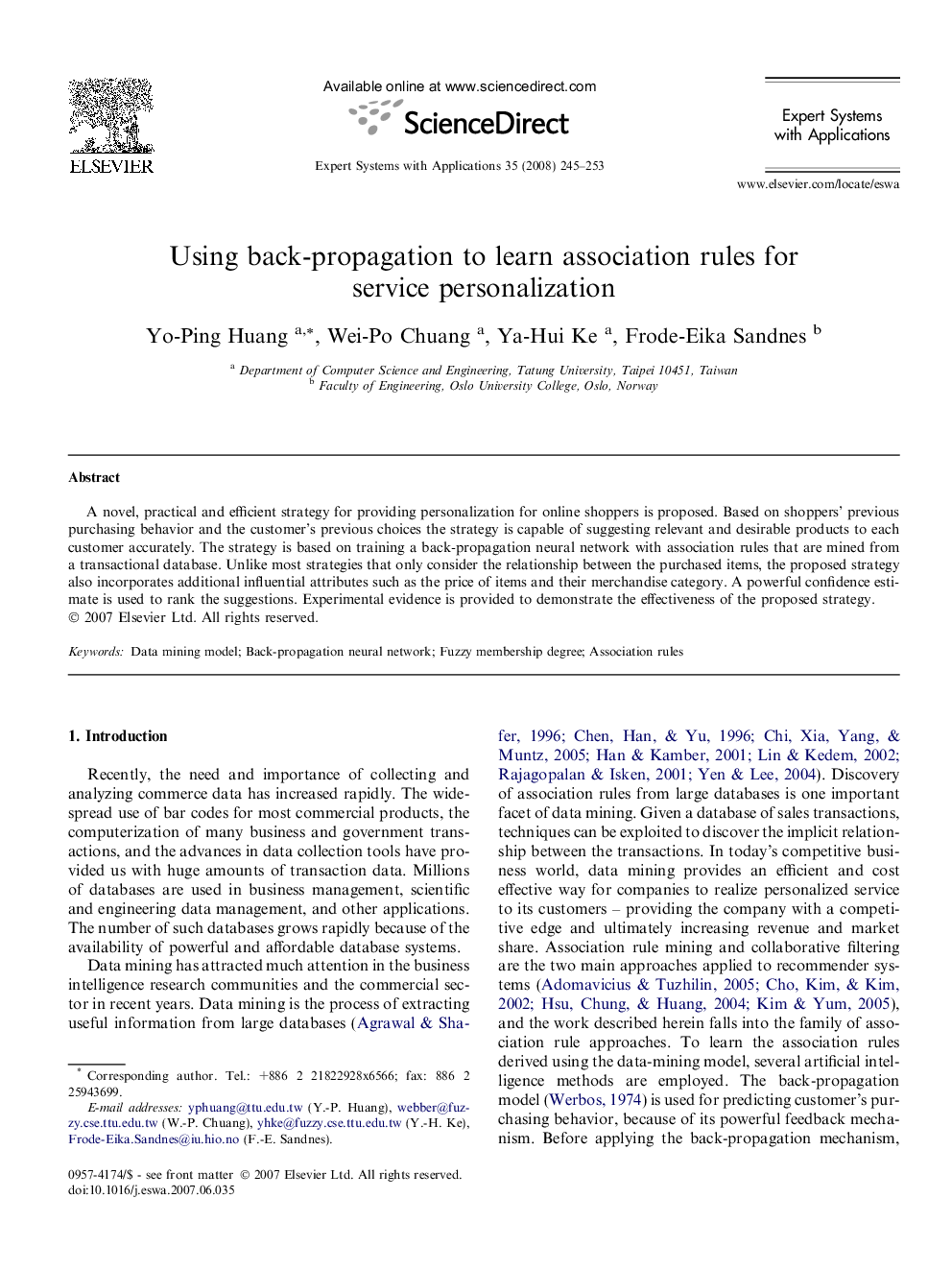 Using back-propagation to learn association rules for service personalization