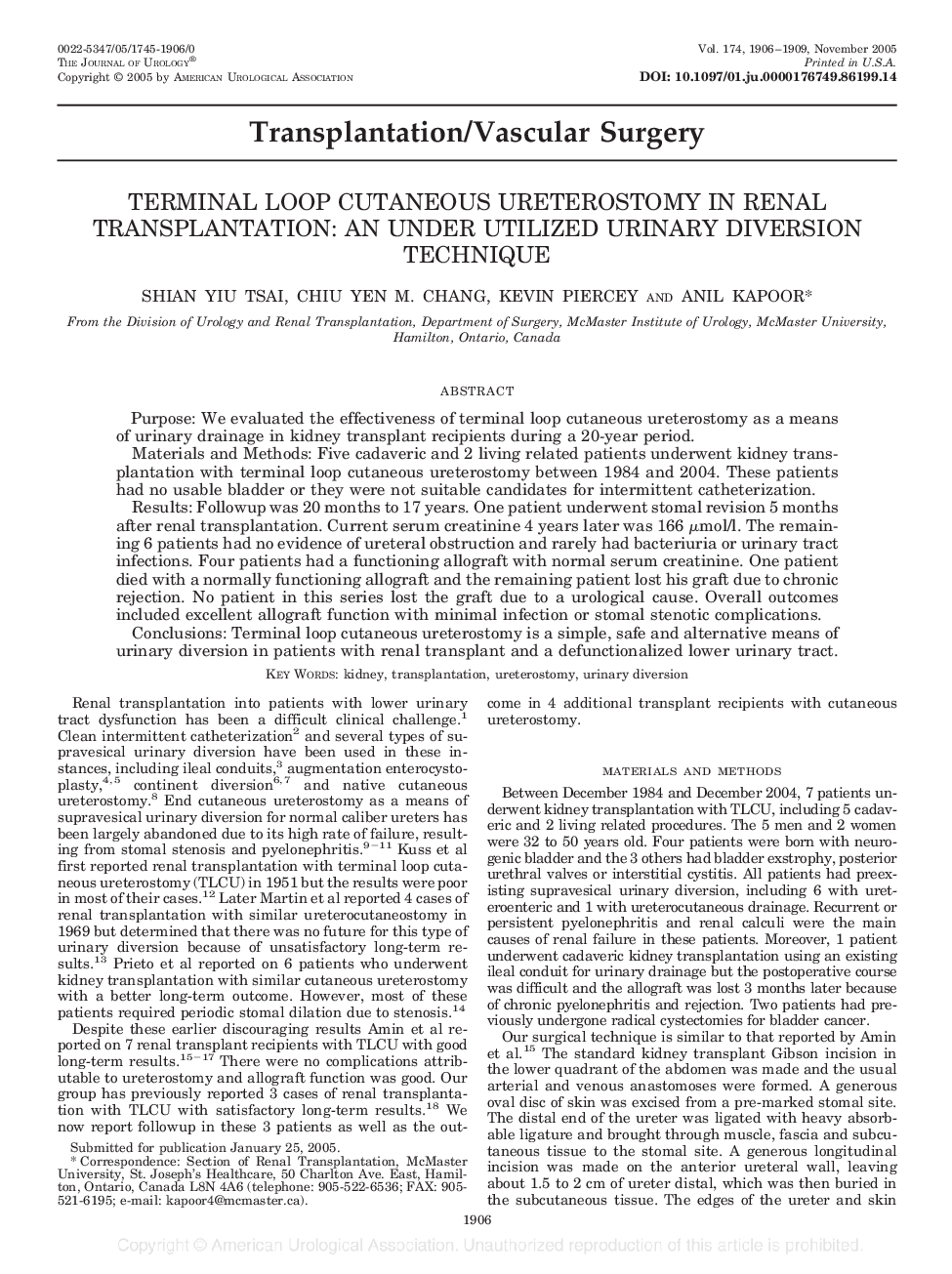 TERMINAL LOOP CUTANEOUS URETEROSTOMY IN RENAL TRANSPLANTATION: AN UNDER UTILIZED URINARY DIVERSION TECHNIQUE