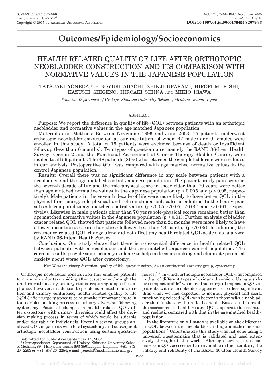 HEALTH RELATED QUALITY OF LIFE AFTER ORTHOTOPIC NEOBLADDER CONSTRUCTION AND ITS COMPARISON WITH NORMATIVE VALUES IN THE JAPANESE POPULATION