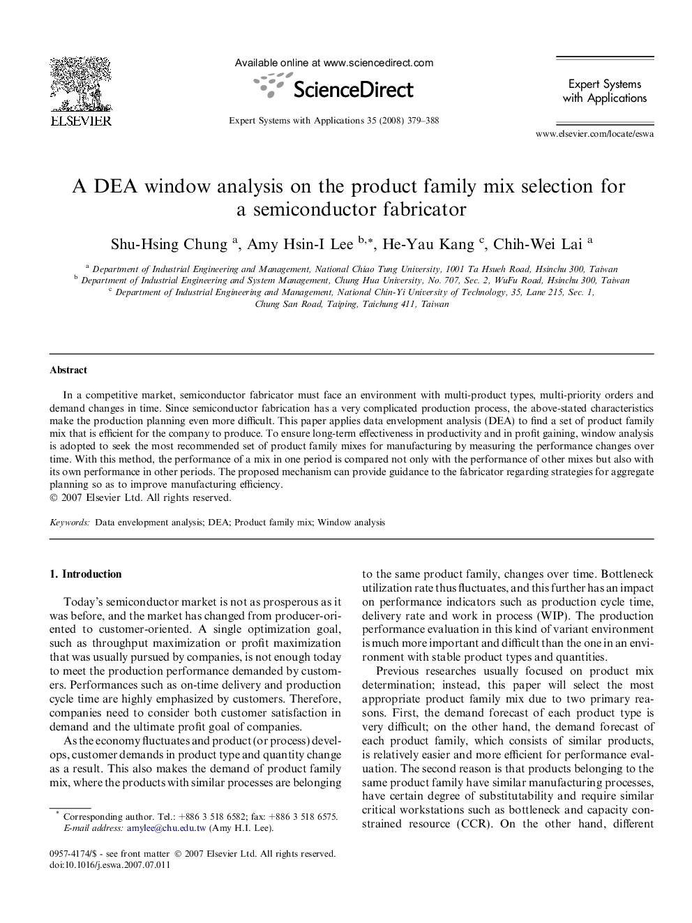 A DEA window analysis on the product family mix selection for a semiconductor fabricator