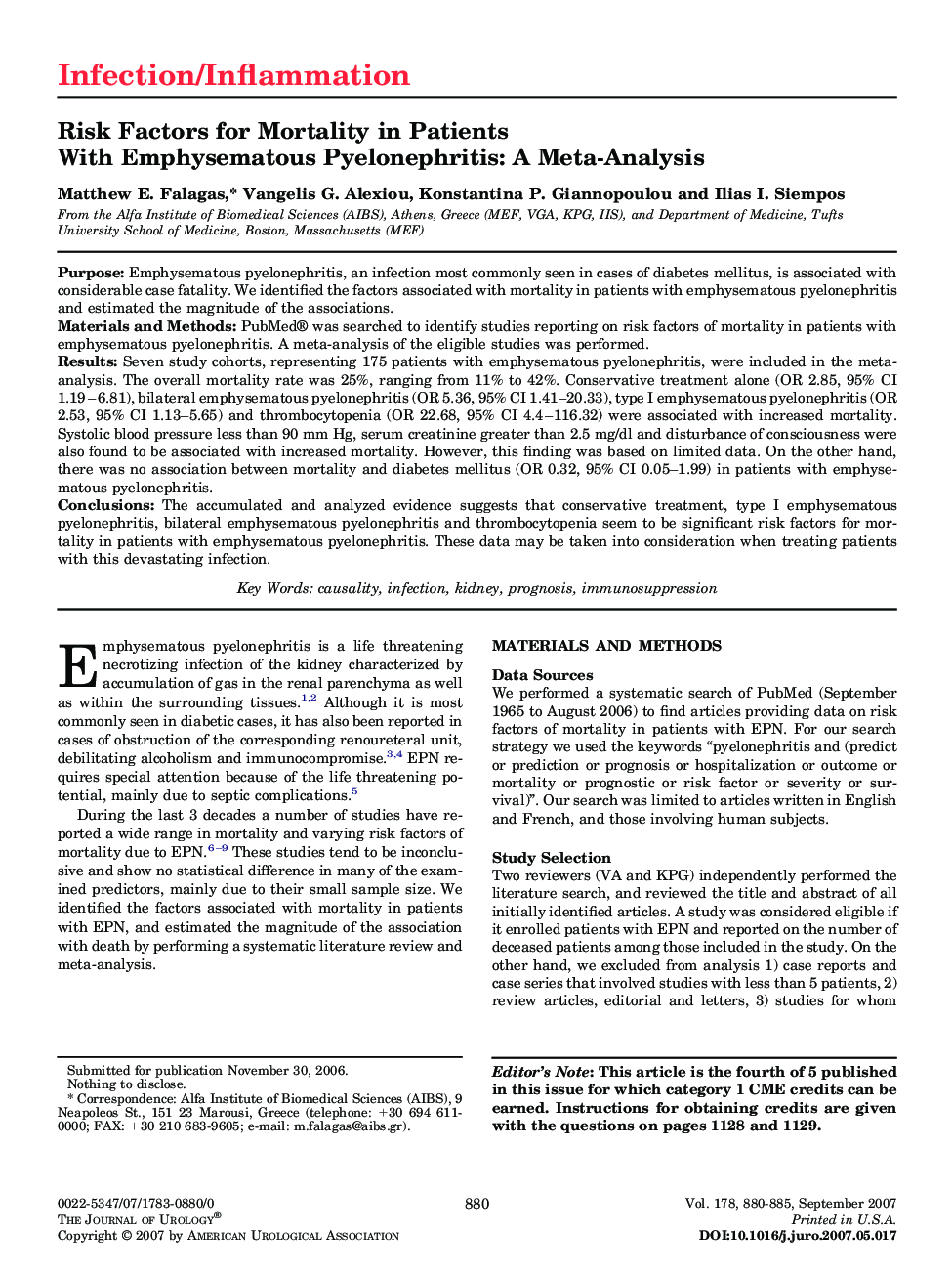 Risk Factors for Mortality in Patients With Emphysematous Pyelonephritis: A Meta-Analysis