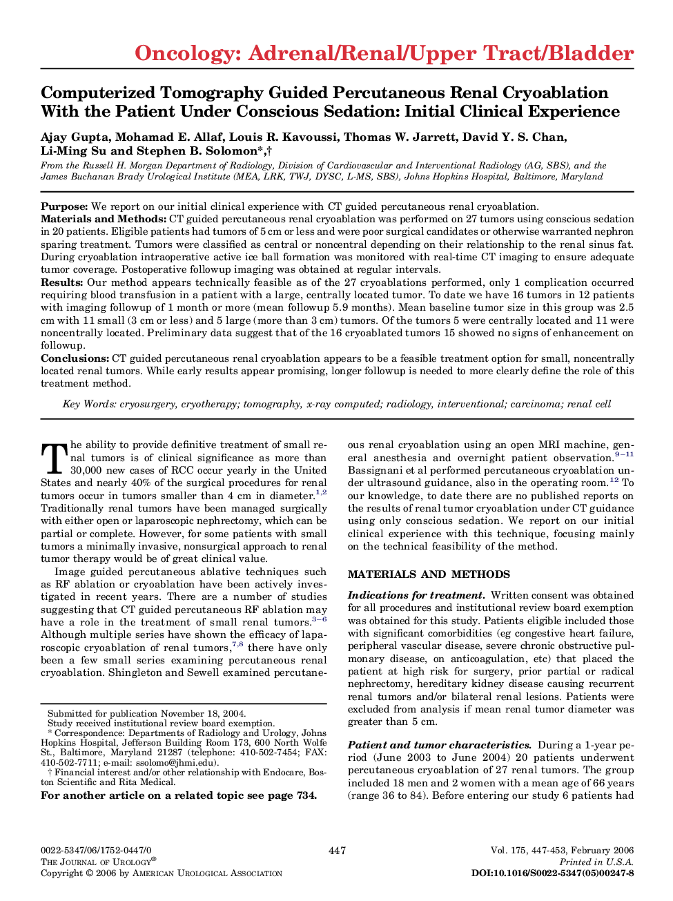 Computerized Tomography Guided Percutaneous Renal Cryoablation With the Patient Under Conscious Sedation: Initial Clinical Experience 