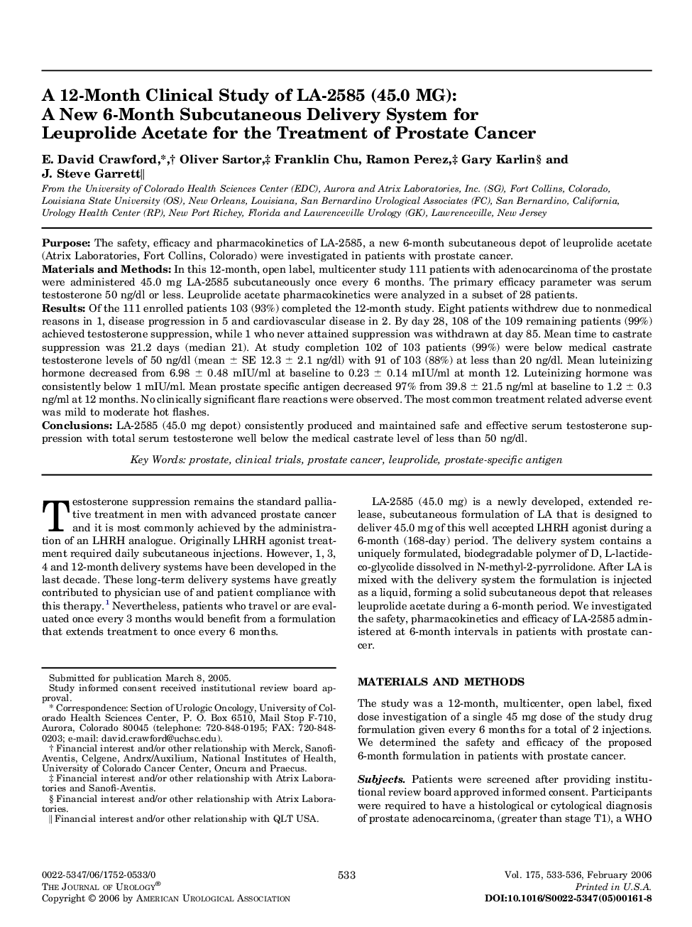 A 12-Month Clinical Study of LA-2585 (45.0 MG): A New 6-Month Subcutaneous Delivery System for Leuprolide Acetate for the Treatment of Prostate Cancer 