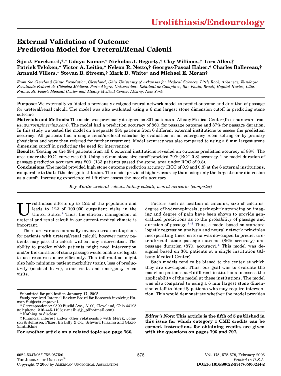 External Validation of Outcome Prediction Model for Ureteral/Renal Calculi