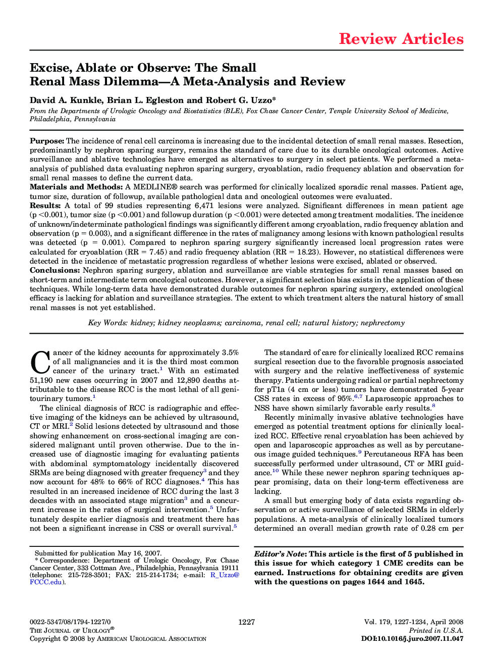 Excise, Ablate or Observe: The Small Renal Mass Dilemma—A Meta-Analysis and Review 