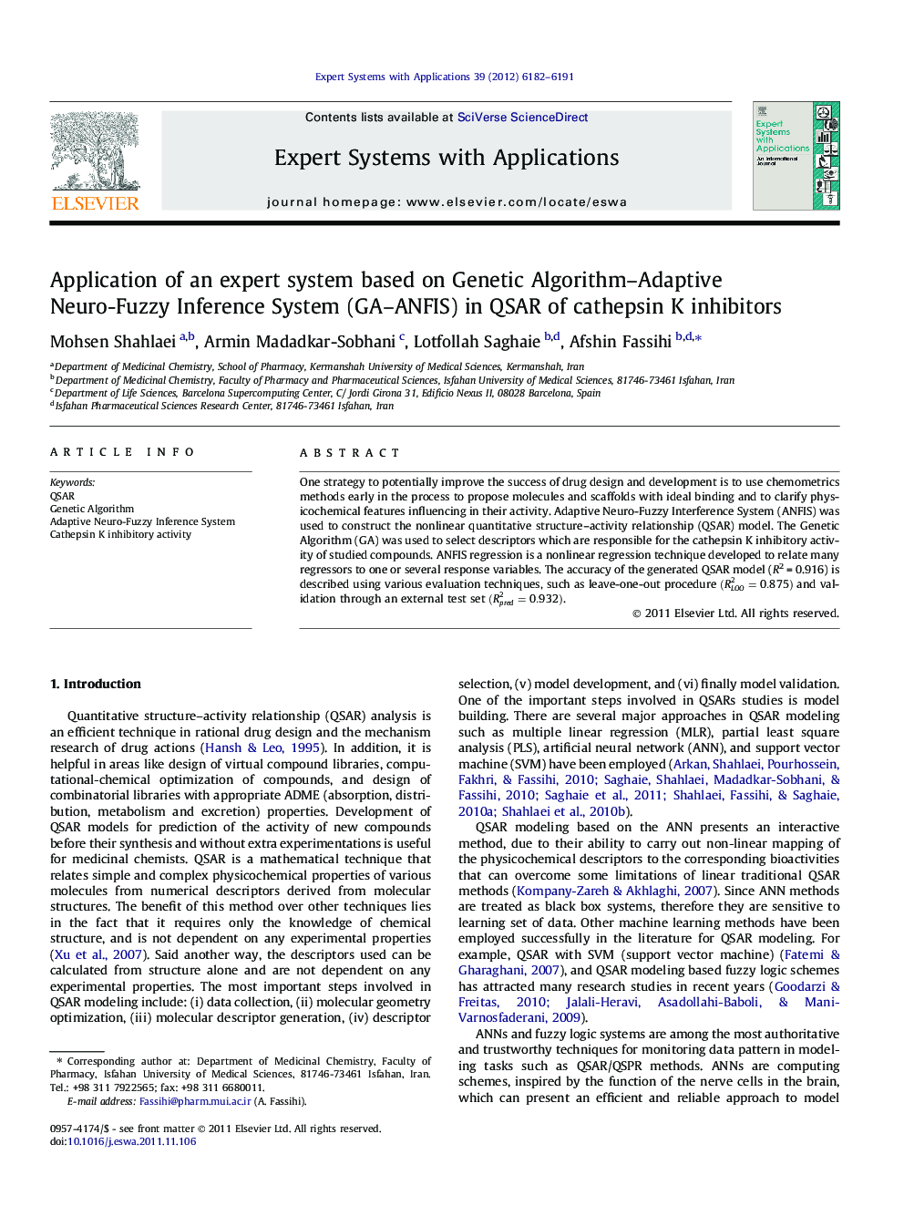 Application of an expert system based on Genetic Algorithm–Adaptive Neuro-Fuzzy Inference System (GA–ANFIS) in QSAR of cathepsin K inhibitors