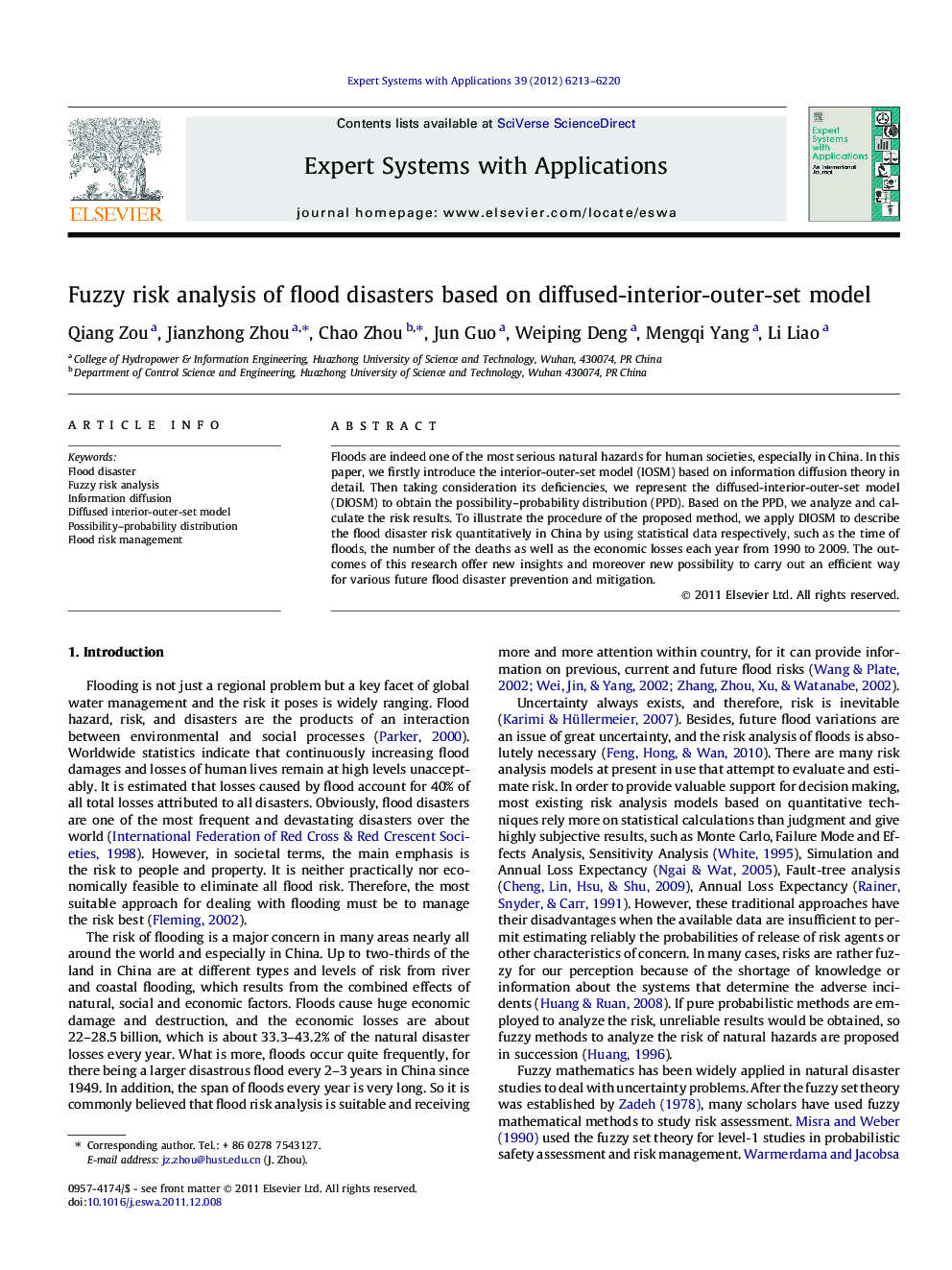 Fuzzy risk analysis of flood disasters based on diffused-interior-outer-set model