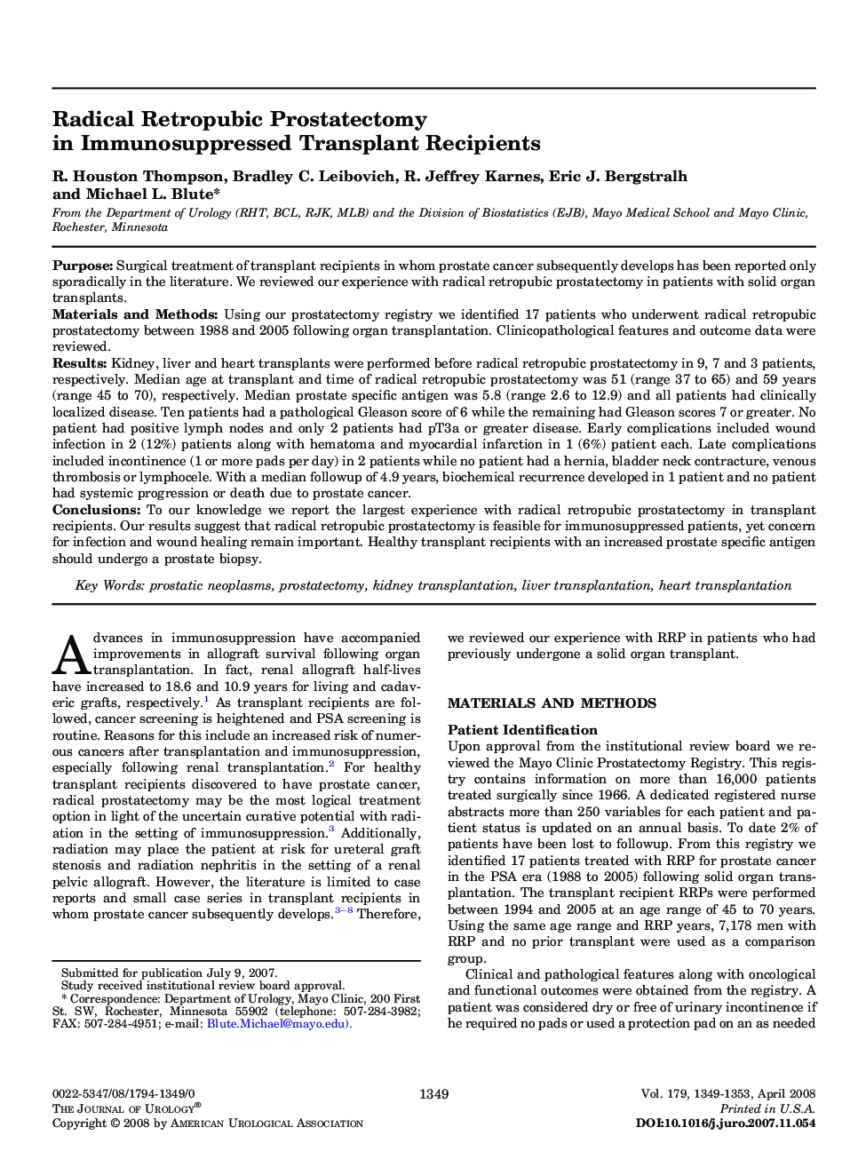 Radical Retropubic Prostatectomy in Immunosuppressed Transplant Recipients 