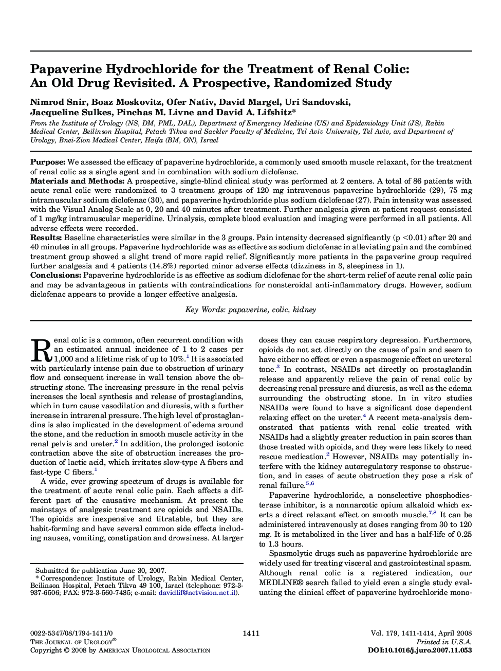 Papaverine Hydrochloride for the Treatment of Renal Colic: An Old Drug Revisited. A Prospective, Randomized Study