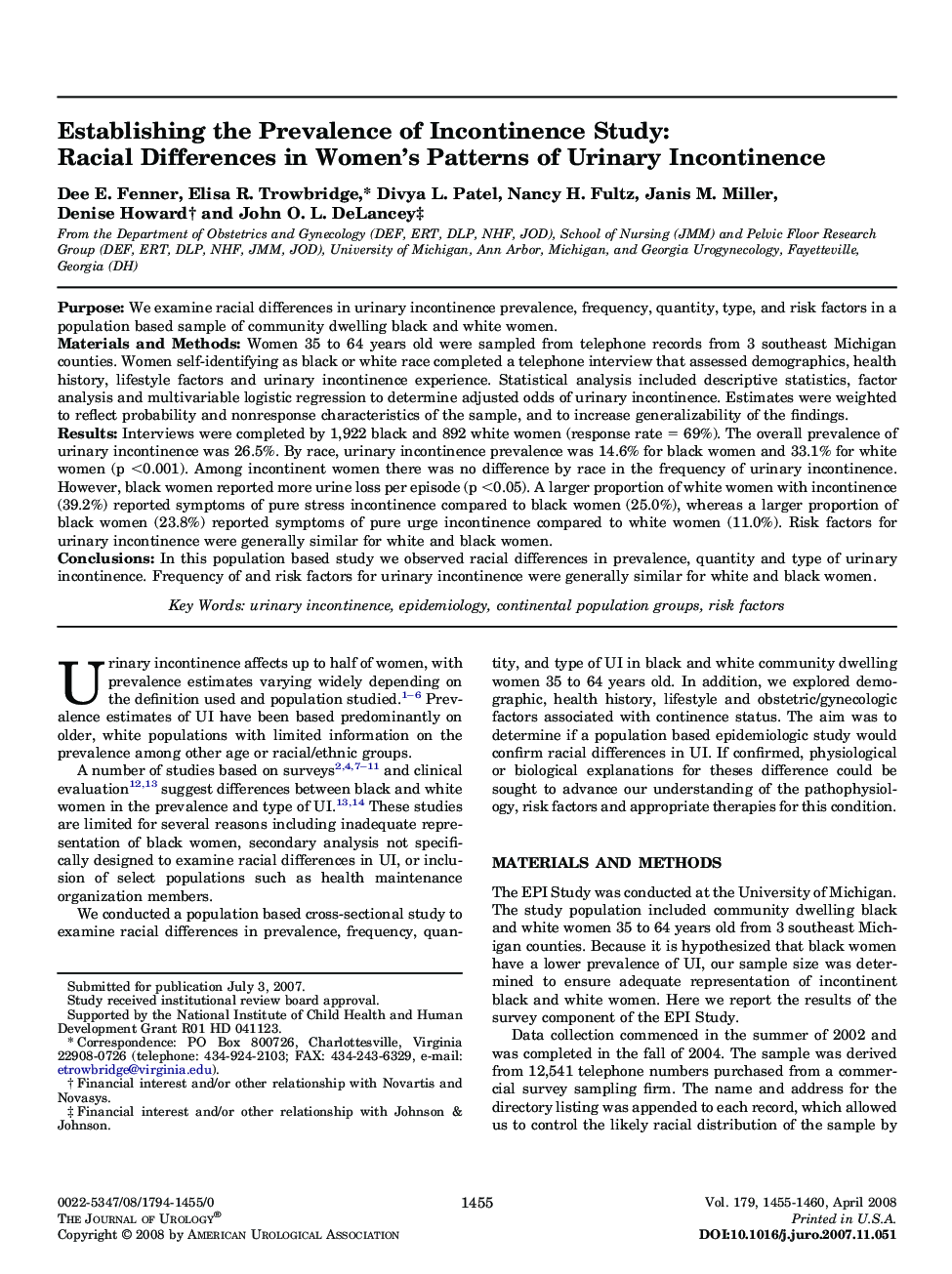 Establishing the Prevalence of Incontinence Study: Racial Differences in Women’s Patterns of Urinary Incontinence 