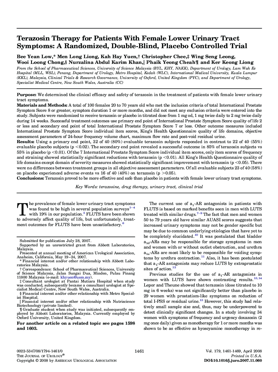 Terazosin Therapy for Patients With Female Lower Urinary Tract Symptoms: A Randomized, Double-Blind, Placebo Controlled Trial 