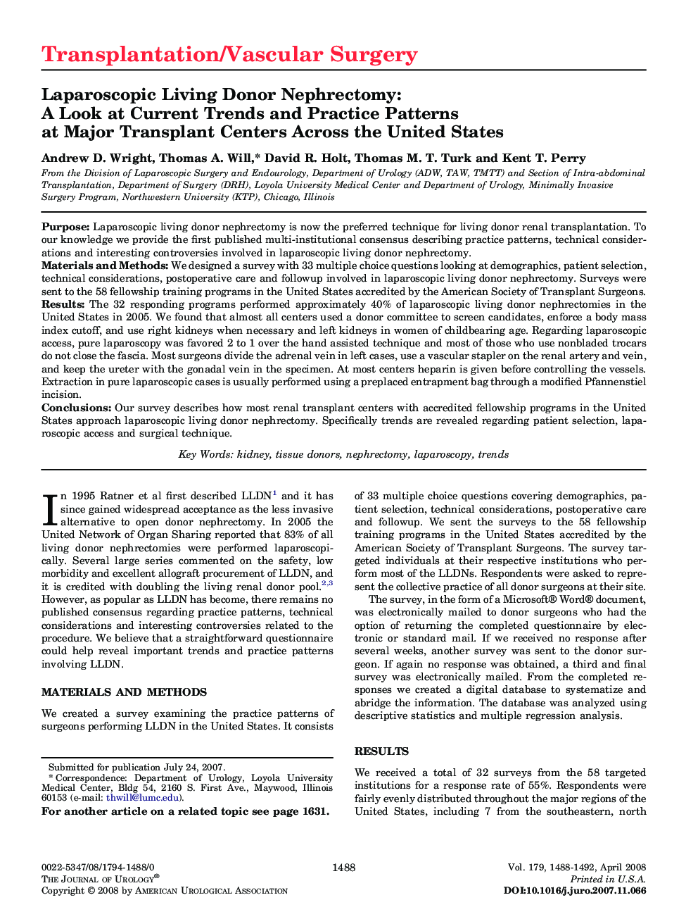 Laparoscopic Living Donor Nephrectomy: A Look at Current Trends and Practice Patterns at Major Transplant Centers Across the United States 