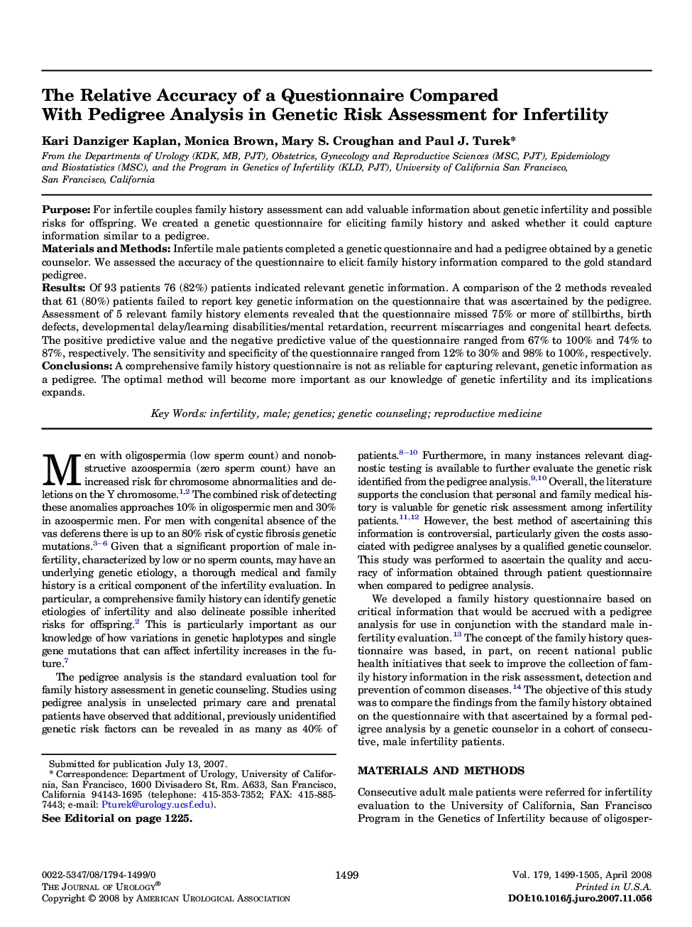 The Relative Accuracy of a Questionnaire Compared With Pedigree Analysis in Genetic Risk Assessment for Infertility