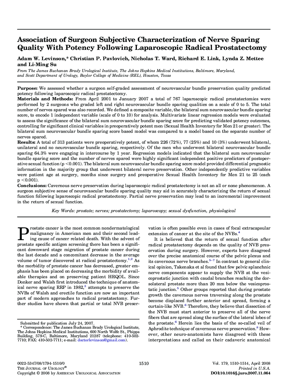 Association of Surgeon Subjective Characterization of Nerve Sparing Quality With Potency Following Laparoscopic Radical Prostatectomy